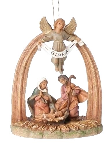 Roman Hanging Christmas Ornament Featuring The Holy Family and a Gloria Angel, 4.5-Inch