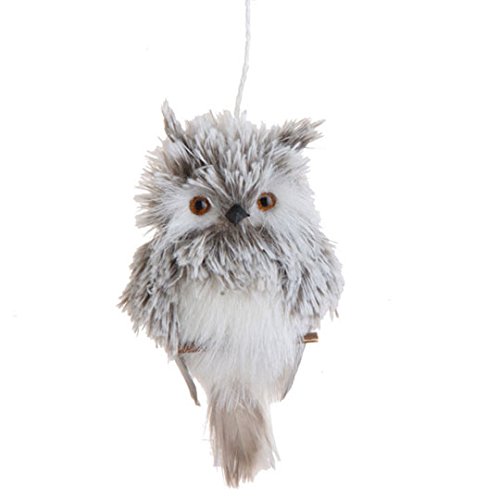 Flat White & Grey Feather Owl on Branch Christmas Tree Ornament, 6 Inches Tall