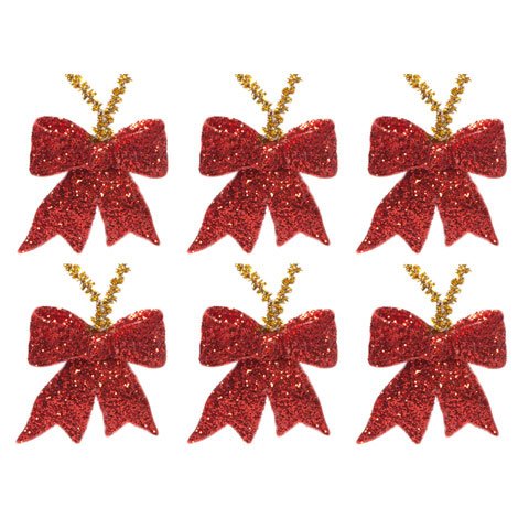 Christams Decorative Ornament – Bow – Red Glitter – 6 Pieces Per Package