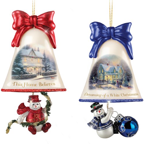 Thomas Kinkade Ringing in the Holidays Glass Bell Shaped and Snowman Ornaments Issue 3 Set of 2