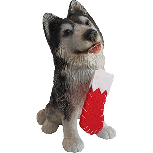 Sandicast Siberian Husky with Red Stocking Christmas Ornament