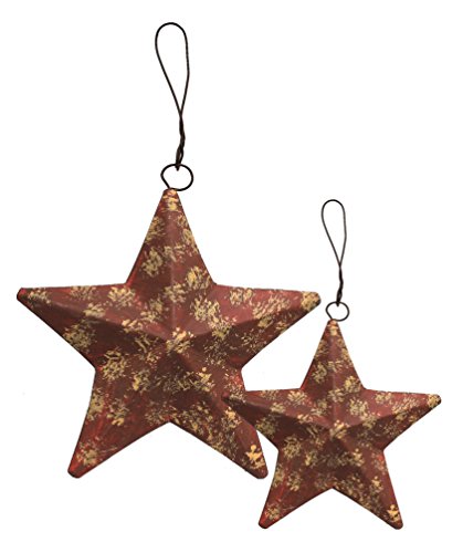 Primitives by Kathy, P. J. Rankin-Hults Collection Red Rust Metal Puffed Star Chirstmas Ornaments, Set of 2