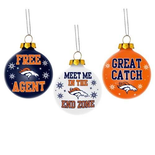 Denver Broncos Nfl 3 Pack Glass Ball Slogan Christmas Ornament Set