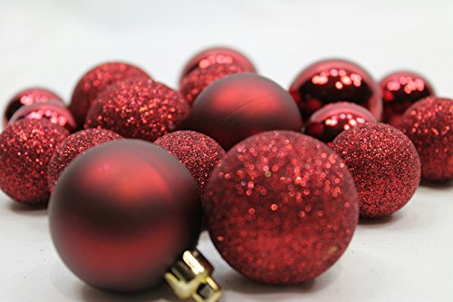 20 Holiday Time Mini Shatterproof Satin Shiny and Glitter Finish Bulb Christmas Ornaments (Red)