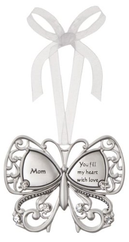 Mom You Fill My Heart With Love Butterfly Silver & Crystal Filigree Ornament