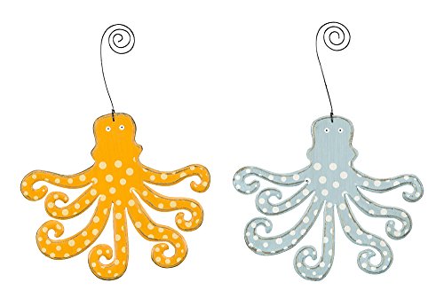 Beach House and Seashore – 6-in Octopus Squid Wooden Ornaments – Set of 2