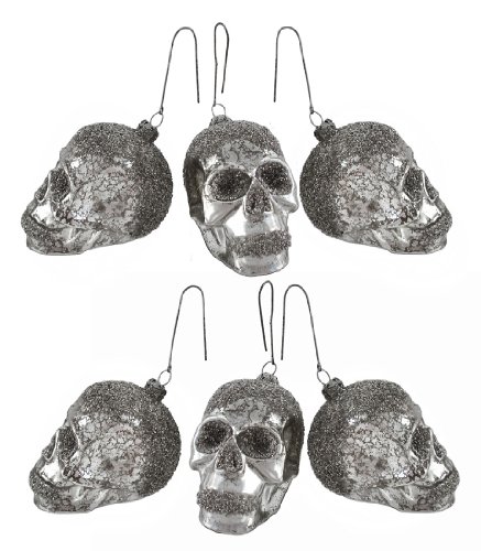 Bethany Lowe Set of 6 Mercury Glass Skull Ornaments