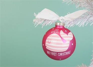 Coton Colors Painted Christmas Ornaments. Add a Nautical Note to Baby?s First Christmas with the Preppy and Playful My First Christmas Pink Whale Ornament. The Little Pink and White Whale Sails Into the Holiday Season with Crisp Stripes and a Playful Spout.