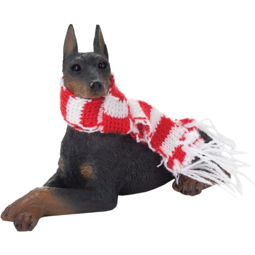 Sandicast Black Doberman Pinscher with Red and White Scarf Christmas Ornament