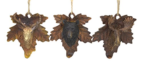 Resin Animal Head on Maple Leaf Ornament, Set of 3, Styles: Deer, Moose, & Bear