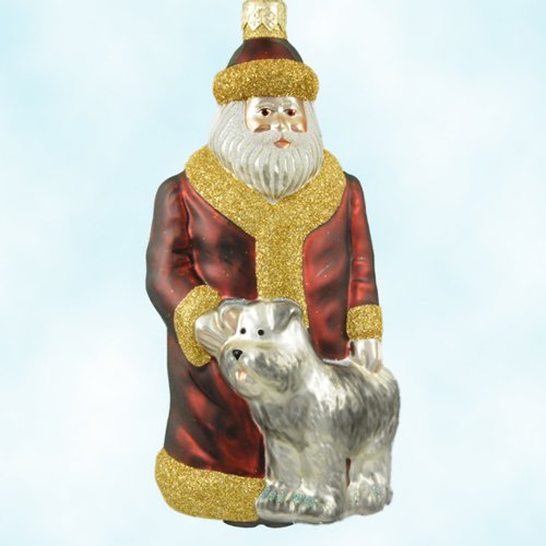 Patricia Breen Christmas Ornaments, Just What I Wanted Bordeaux Santa with Puppy Dog, 1999, 9825, Red robe, pearl dog