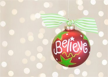 Coton Colors Painted Christmas Ornaments, the 100mm Round Glass Believe Christmas Ornament Is Designed with Artistic Writing and a Dot and Star Pattern in Bright Holiday Colors.
