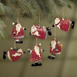 Set of 6 Painted Tin Santa Folk Decoration Christmas Ornaments