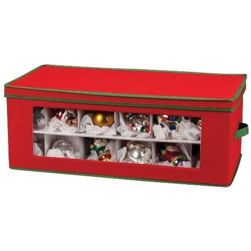 Household Essentials Holiday Ornament Storage Chest for 36-Piece, Red with Green Trim