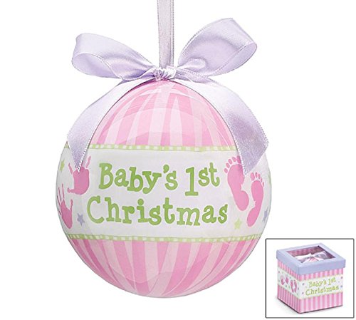 Baby’s 1st Christmas Ornament, Pink Stripe, Hand Prints and Gift Boxed