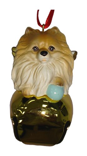 Cute Christmas Holiday Pomeranian Dog Gold Ornament Bell Figurine