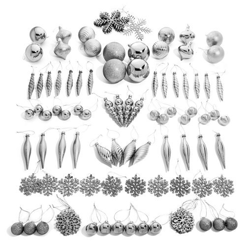 Winter Lane 101PC Assorted Decorative Christmas Shatter-Resistant Ornament Set (Silver)