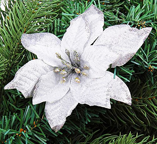 6Pcs 5 Inch Glitter Artificial Christmas Flowers XMAS Tree Wreaths Decor Ornament Silver