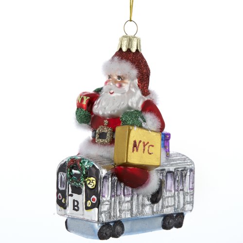 Kurt Adler Glass Santa Sitting on NYC Subway Ornament, 4.65-Inch