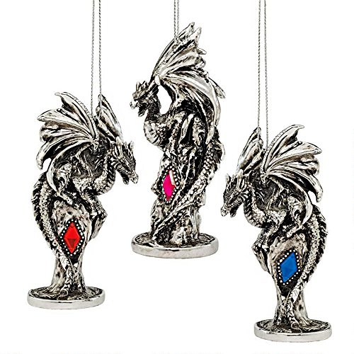 Design Toscano QS989557 3 Dragons of The Amesbury Holiday Gemstone Ornament Set, Silver