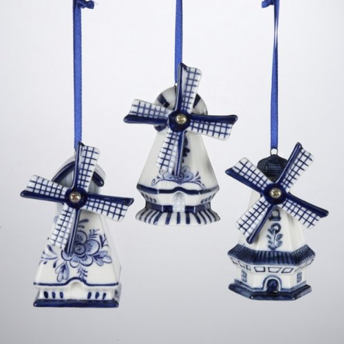 Porcelain Delft Blue Windmill Ornament Set OF 3