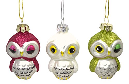 Assorted Glittered Glass Owl Christmas Ornaments – Set of 3