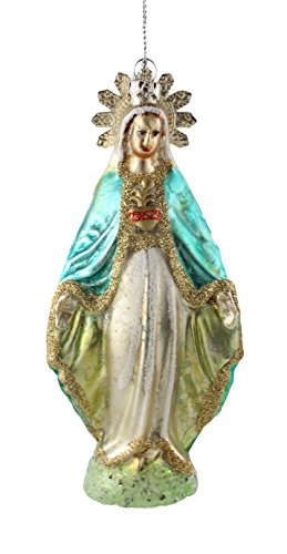 Virgin Mary Our Lady of Grace with Tin Halo and Sacred Heart Embellishments Glass Vintage Style Antique Finish Ornament