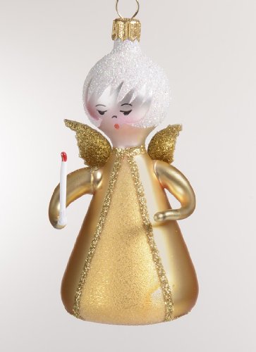 De Carlini Gold Angel with Candle Italian Mouthblown Glass Christmas Ornament