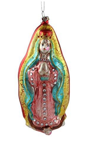 Virgin Mary Our Lady of Guadalupe with Rhinestone and Glitter Embellishments Glass Vintage Style Antique Finish Ornament