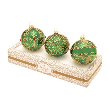 Christopher Radko Green with Gold Boxed Glass Ornaments Set