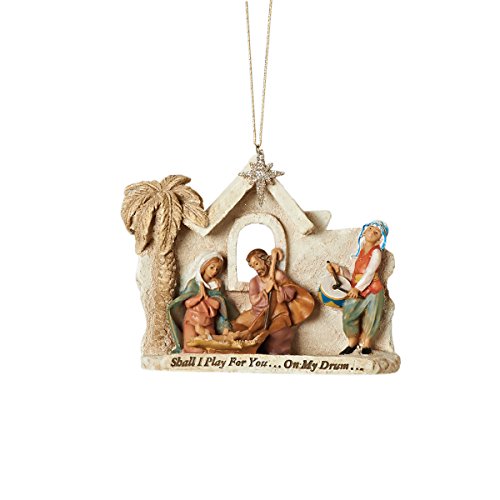 Fontanini Nativity Ornament, Features The Holy Family and The Drummer Boy, 3-Inch, Inscribed with “Shall I Play for You”