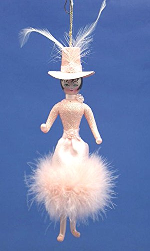 De Carlini Lady in Pink Retro Dress with Hat and Feathers Italian Mounthblown Christmas Ornament