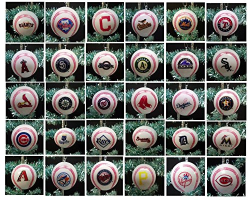 MLB Major League Baseball Complete League Set of 30 Holiday Christmas Tree Ornaments Featuring Team Baseball Ornaments Ranging from 2″ to 2.5″ Tall Including Arizona Diamondbacks, Atlanta Braves, Baltimore Orioles, Boston Red Sox, Chicago White Sox, Chicago Cubs, Cinncinnati Reds, Cleveland Indians, Colorado Rockies, Detroit Tigers, Miami Marlins, Houston Astros, Kansas City Royals, Los Angeles Angels, Los Angeles Dodgers, Milwaukee Brewers, Minnesota Twins, New York Mets, New York Yankees, Oakland Athletics, Philadelphia Phillies, Pittsburgh Pirates, San Diego Padres, San Francisco Giants, Seattle Mariners, St. Louis Cardinals, Tampa Bay Rays, Texas Rangers, Toronto Blue Jays, and Washington Nationals