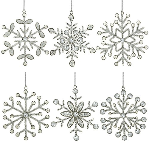 Set of 6 Handmade Snowflake Iron and Glass Pendant Christmas Ornaments, 6 Inches