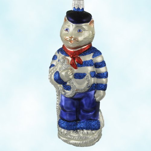 Patricia Breen Christmas Ornaments, Marseilles French Blue Sailor Cat, 2000, 2023, Rope & glittered anchor, Patriotic