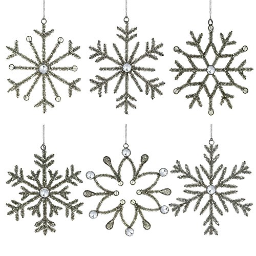 Set of 6 Handmade Snowflake Iron and Glass Pendant Christmas Ornaments, 6 Inches