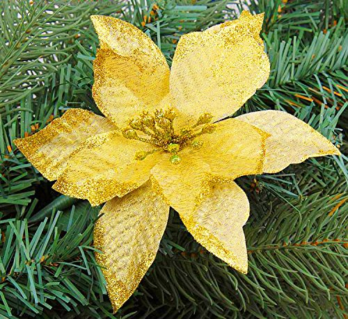 6Pcs 5 Inch Glitter Artificial Christmas Flowers XMAS Tree Wreaths Decor Ornament Glod
