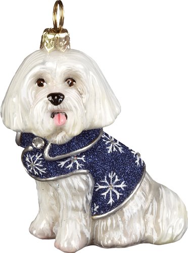 Maltese Joy to the World Glass Dog Christmas Ornament