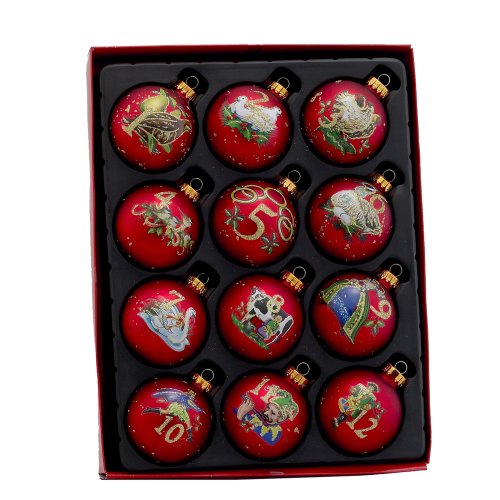 Kurt Adler 12-Piece 12-Days of Christmas Decorative Glass Balls Set, 65mm