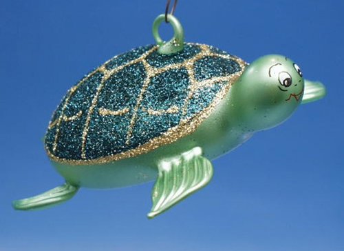 De Carlini Green and Gold Turtle Italiam Mouthblown Christmas Ornament