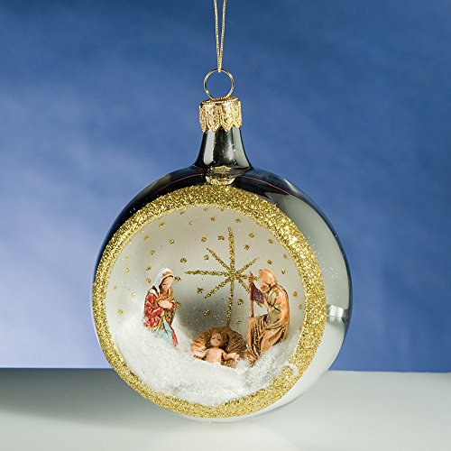 De Carlini Silver Round Nativity Creche Italian Mouthblown Glass Christmas Ornament