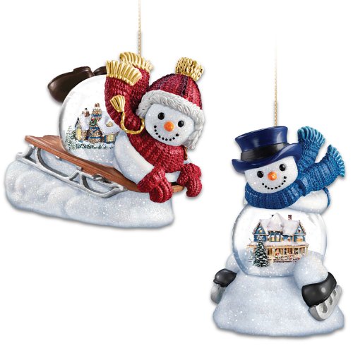 Ornament Set: Thomas Kinkade Sled Ahead And Make A Joyful Noise Snowglobe Ornament Set by The Bradford Exchange