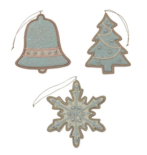 Bethany Lowe 3 Piece Sugar Cookie Ornament Set, Pale Blue, Bell, Snowflake, Christmas Tree
