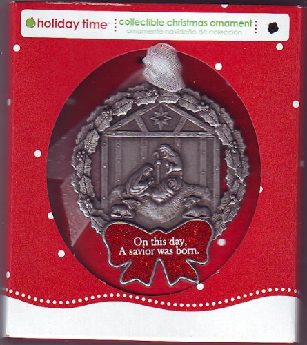 Pewter Manger & Wreath Christmas Ornament or Wall Decoration