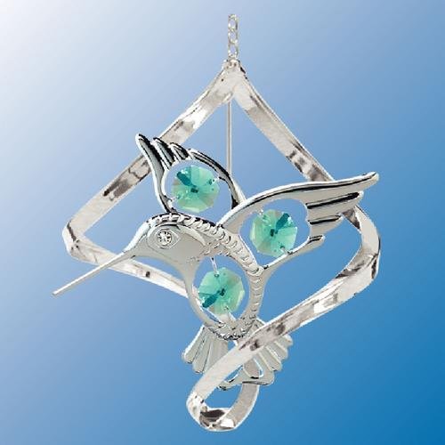 Chrome Plated Fantail Hummingbird Hanging Sun Catcher or Ornament….. With Green Color Swarovski Austrian Crystals