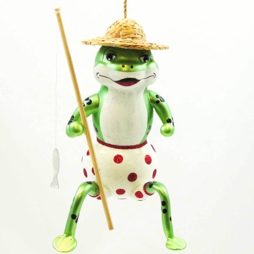 De Carlini Fishing Frog Ornament Fishing Pole – Blown Glass 5.00 IN