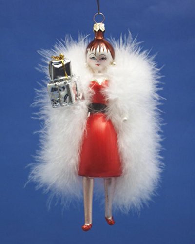 De Carlini Lady in Red Dress, White Fur and Gifts Italian Mouthblown Christmas Ornament