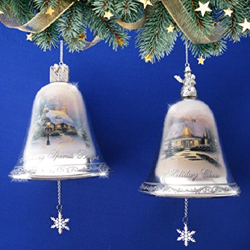 Thomas Kinkade Silver Bells Silvery Glass Bell Shaped Ornament Set Issue #2