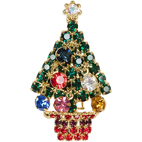 Heirloom Finds Rhinestone Christmas Tree Brooch with Dangling Ornaments in Colorful Crystals