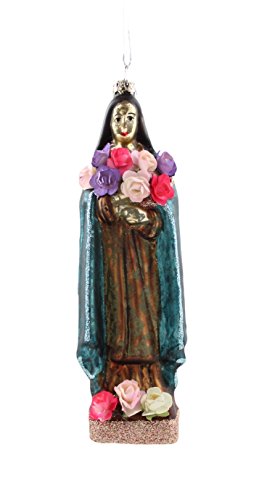 Saint Terese of Lisieux with Paper Flowers and Glitter Embellishments Glass Vintage Style Antique Finish Ornament